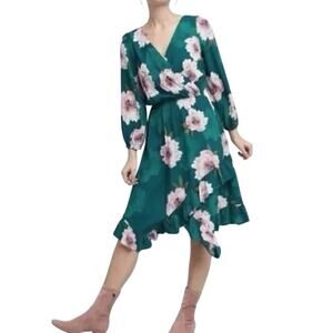 Tracy Reese Aleah Wrap Midi Dress M Green Floral Forest Fairy Ruffle Whimsy Boho